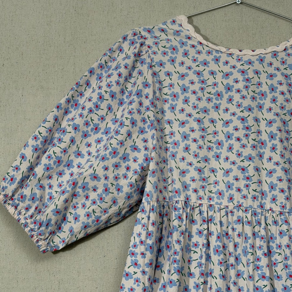 Damson Madder Greta Ditsy Floral Midi Dress UK 14 Pink Blue Puff Sleeve Pockets - Picture 9 of 13